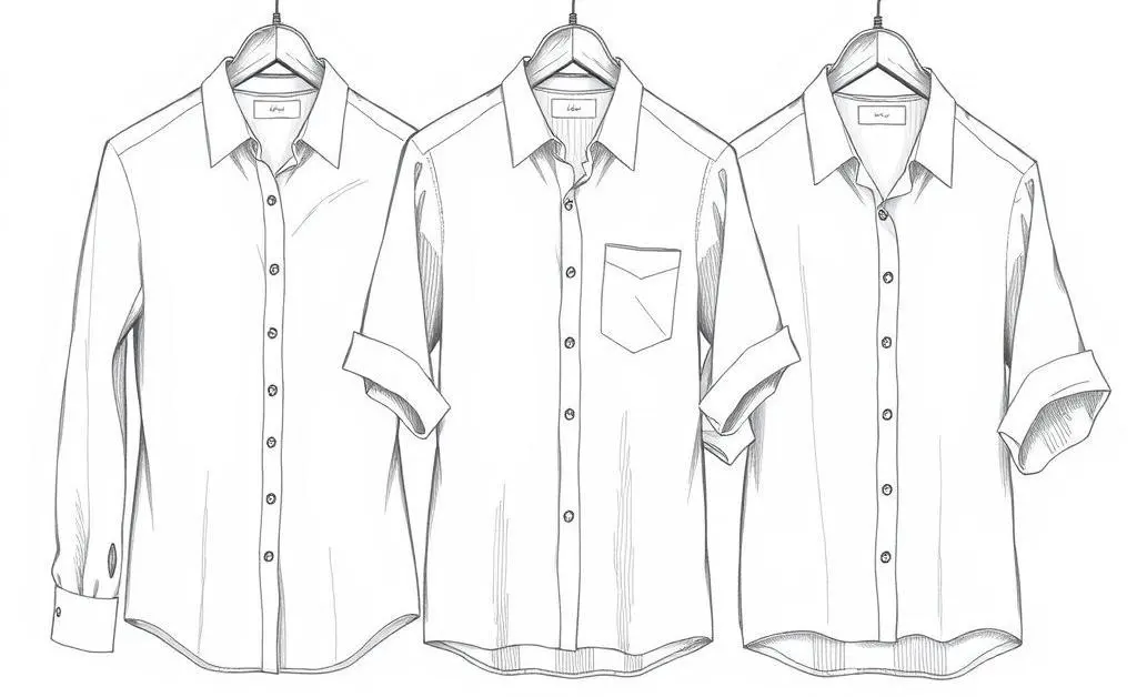 Comparison of slim-fit, regular-fit, and loose-fit shirts on hangers.