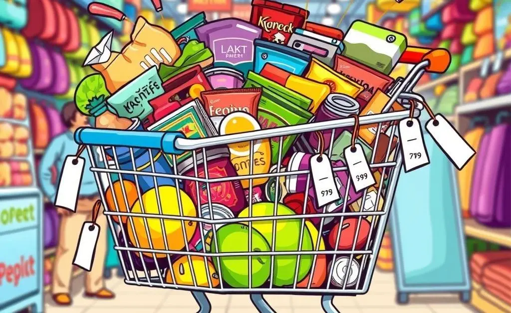 Shopping cart with international products and falling prices.
