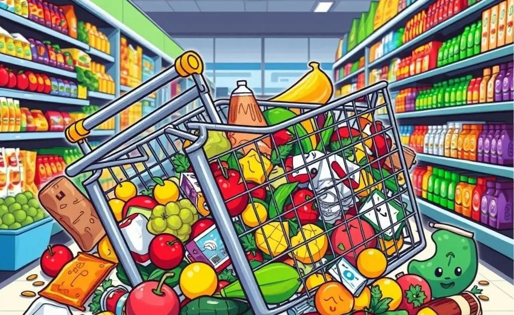 Cartoon of an overturned shopping cart with groceries