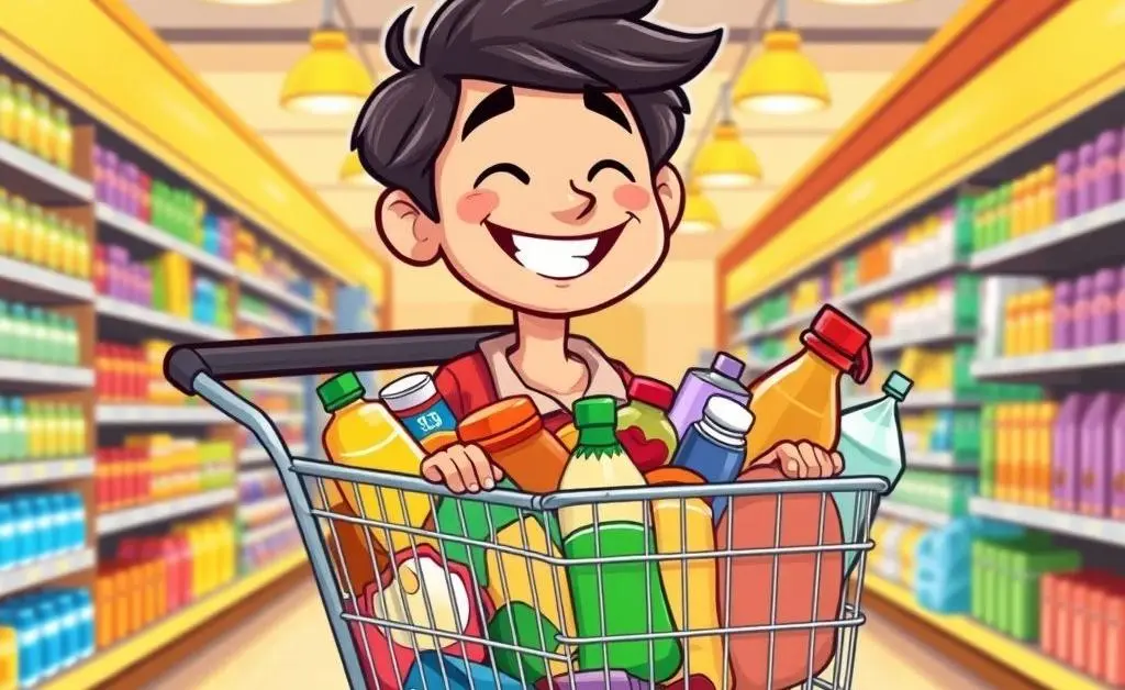 Cartoon of a person with a shopping cart full of groceries and items, smiling.