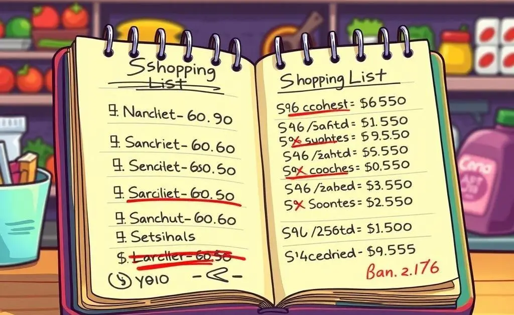 Cartoon-style image of a notepad with a shopping list, including prices slashed out for lower tariff goods.