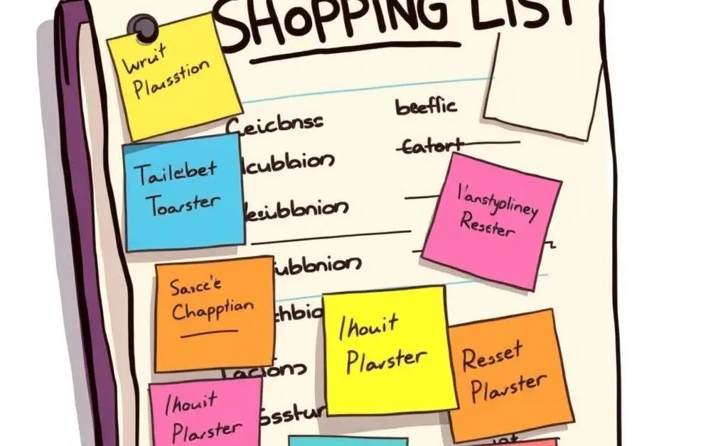 A cluttered shopping list with colorful sticky notes
