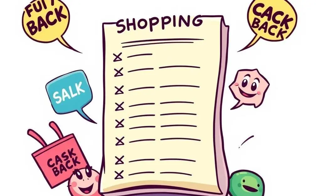 Shopping list with crossed-off items and cash back icons