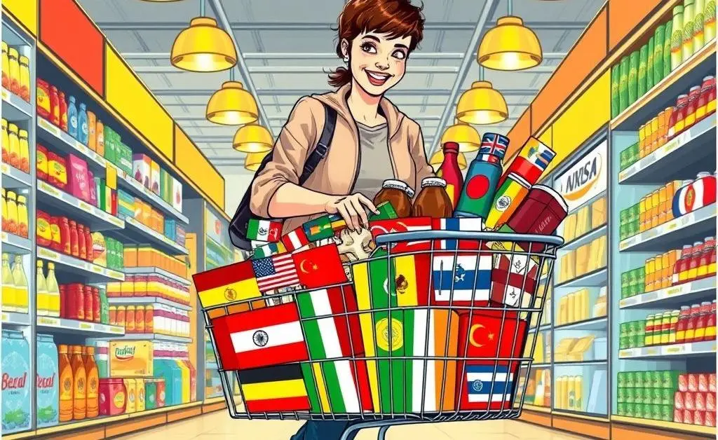 Person shopping with products from different countries.