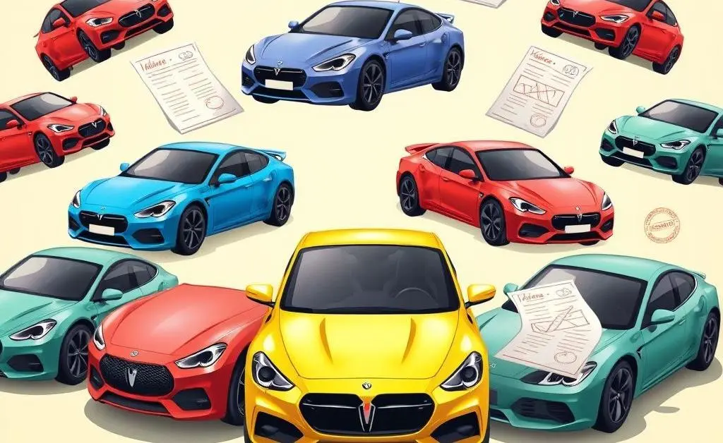 Cartoon illustration of multiple car icons with insurance policy documents around them.