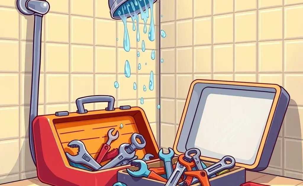 A cartoon-style image showing water leaking from a shower with a toolbox nearby