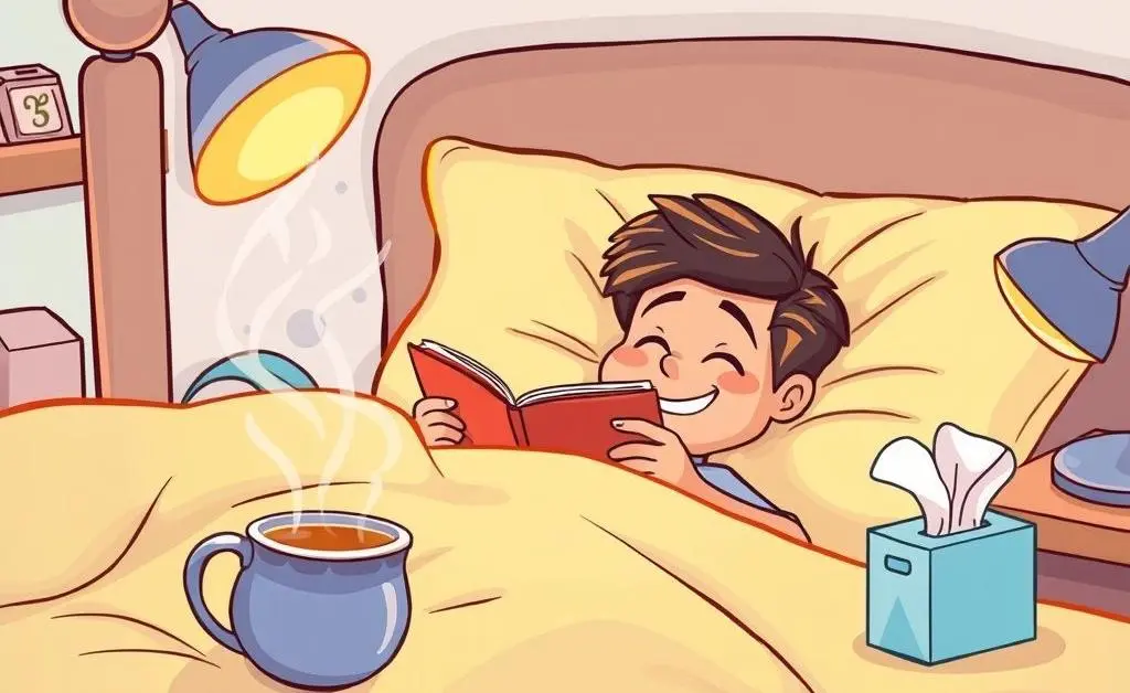 Person in bed with a book, tea, and tissues
