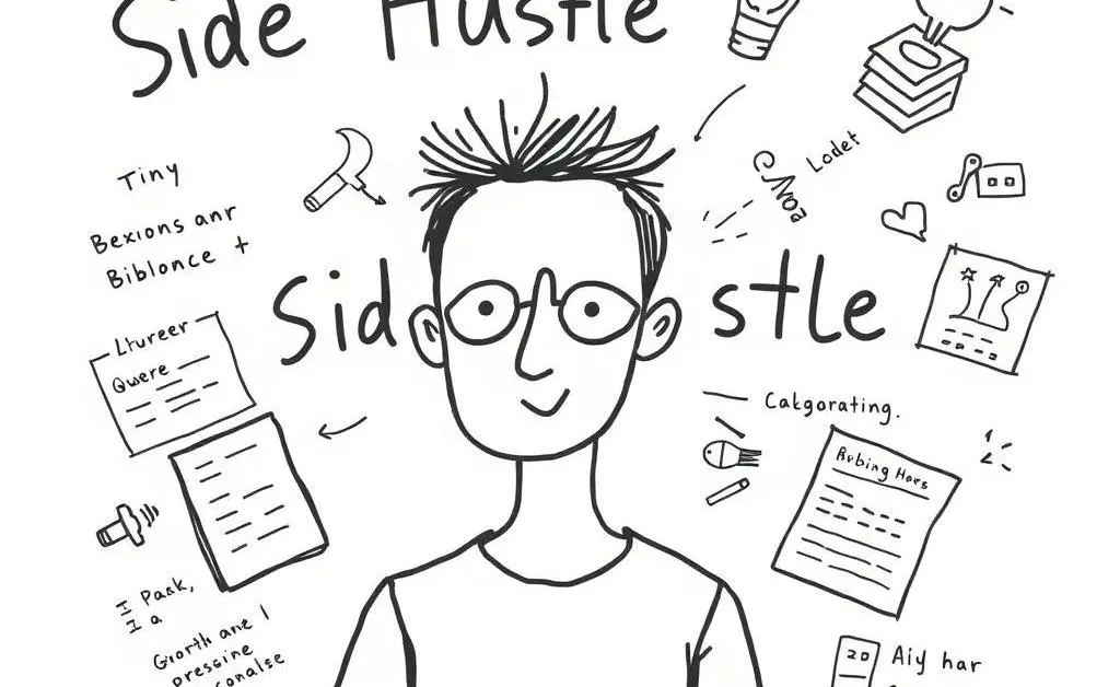A hand-drawn style image of a person brainstorming side hustle ideas with notes and sketches.