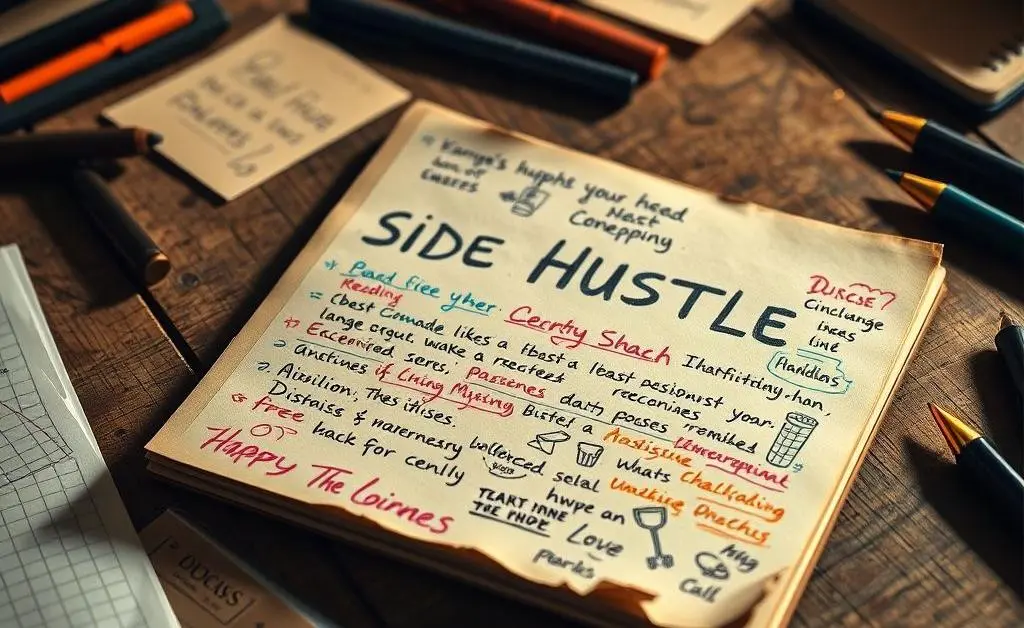 A notepad with side hustle ideas and doodles scattered on a desk.