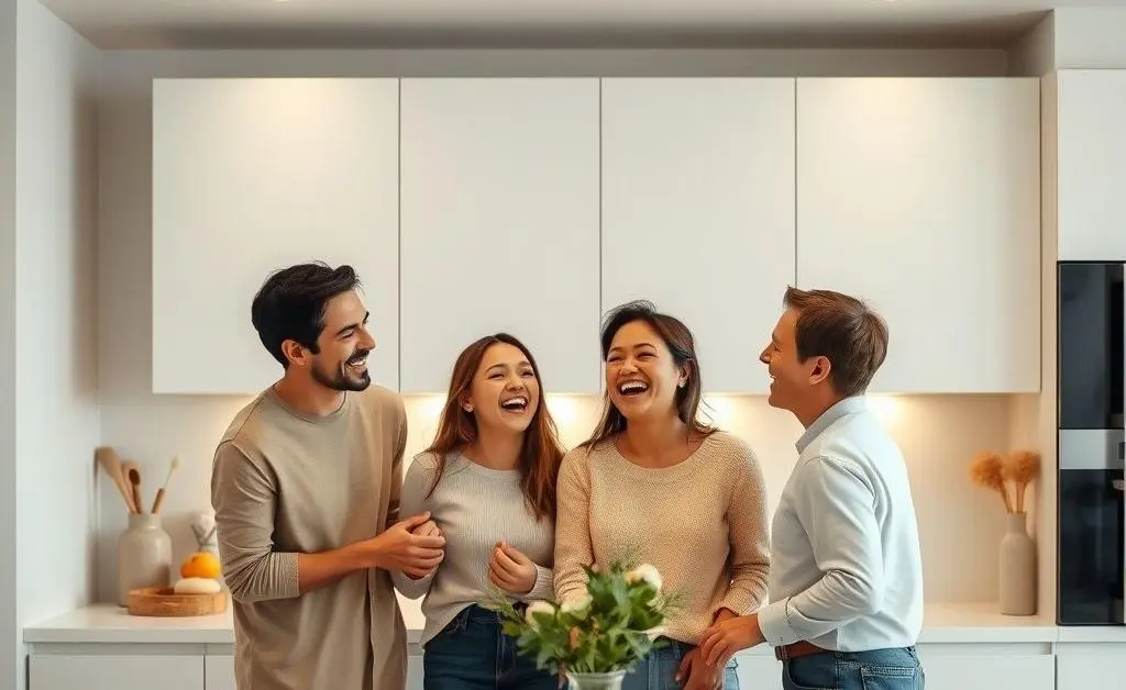 A family laughing together in a minimalist kitchen, showcasing simplicity and joy.