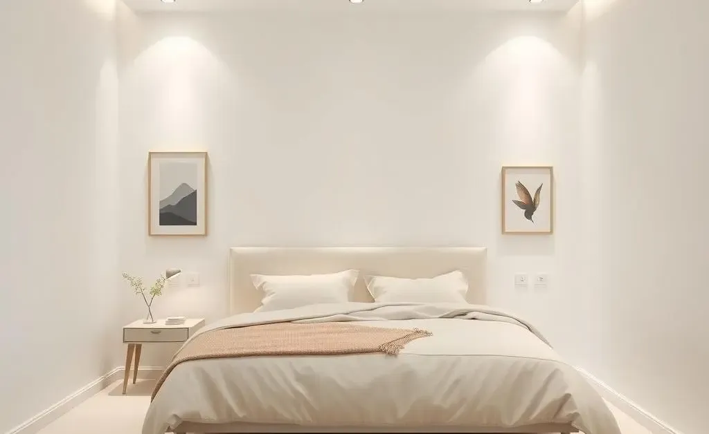 A minimalist bedroom with a tidy bed, white walls, and subtle accent pieces