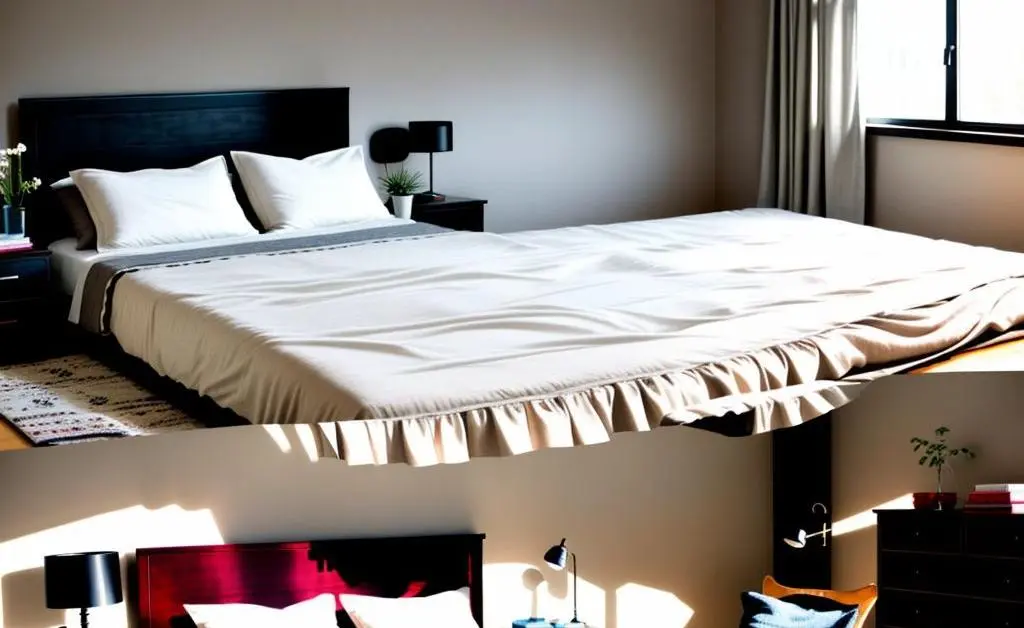 A simple bedroom with a neatly made bed, a single nightstand, and a soft rug
