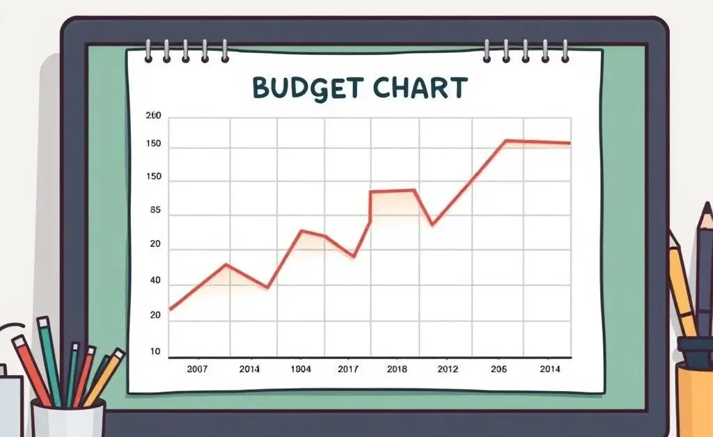 A budget chart on a desk with stationery around it.
