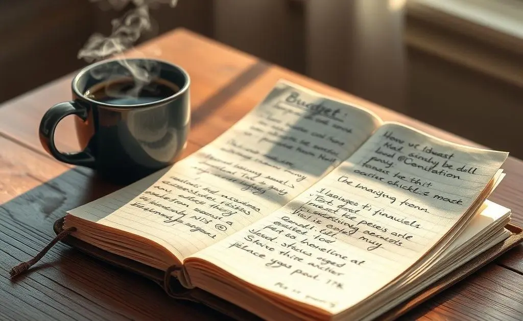 A hand-written budget diary with notes and a cup of coffee beside it.