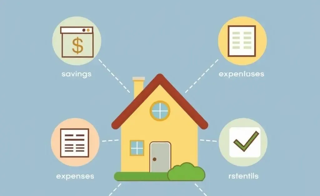 A cartoon-style budget overview for first-time homebuyer essentials, with icons for savings, expenses, and goals.