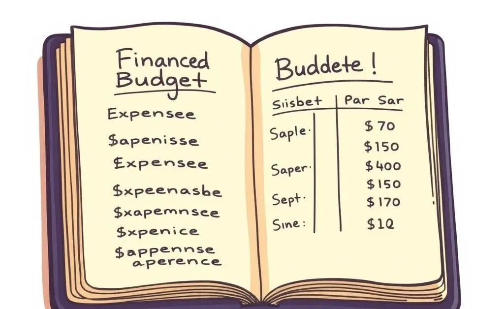 Cartoon-style image of a notebook showing a simple budget plan with notes and a pencil