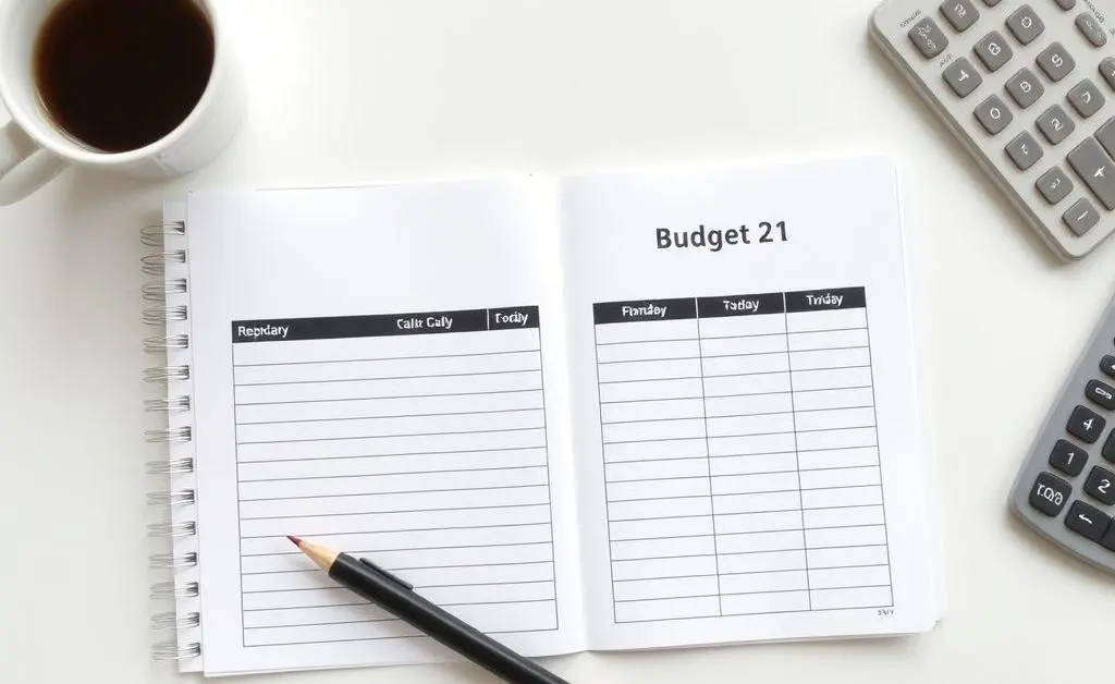A simple budget planner laid out on a table next to a cup of coffee and a calculator.