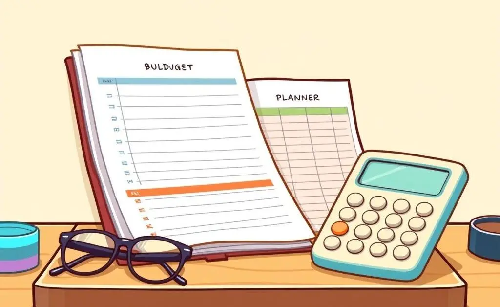 Cartoon depiction of a simple budget planner on a desk.