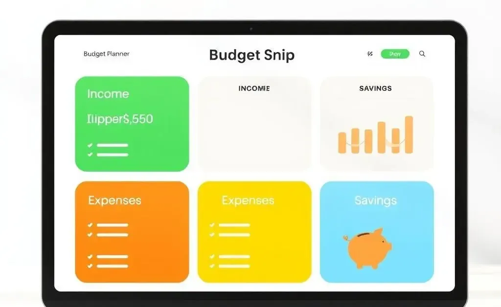 Simple budget planner with colorful sections showing income, expenses, and savings