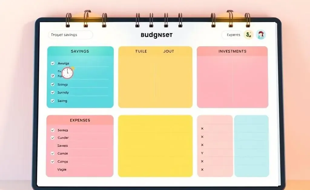 A colorful budget planner with categories like savings, investments, and expenses.