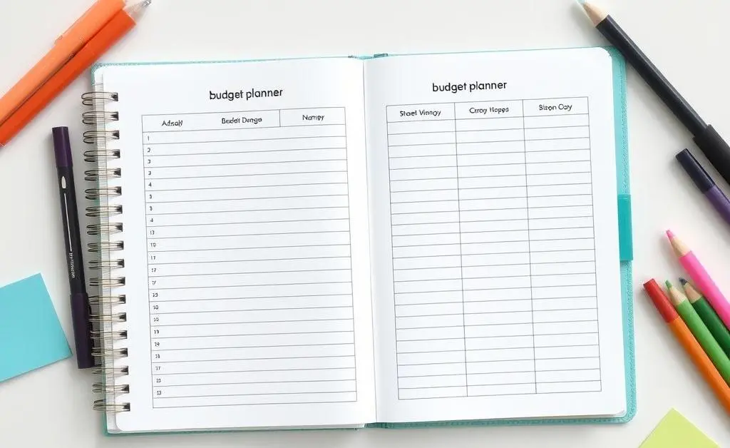 A minimalist budget planner laid out on a table with colorful pens and sticky notes around it.