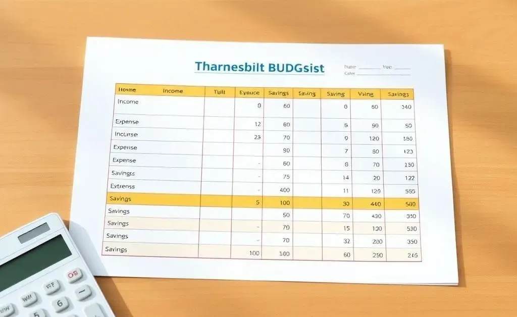 An easy-to-understand budgeting sheet laid out on a table with a calculator beside it.