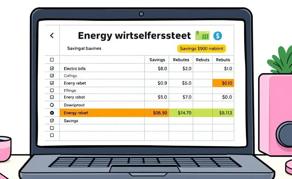 Simple budget spreadsheet with energy savings highlighted