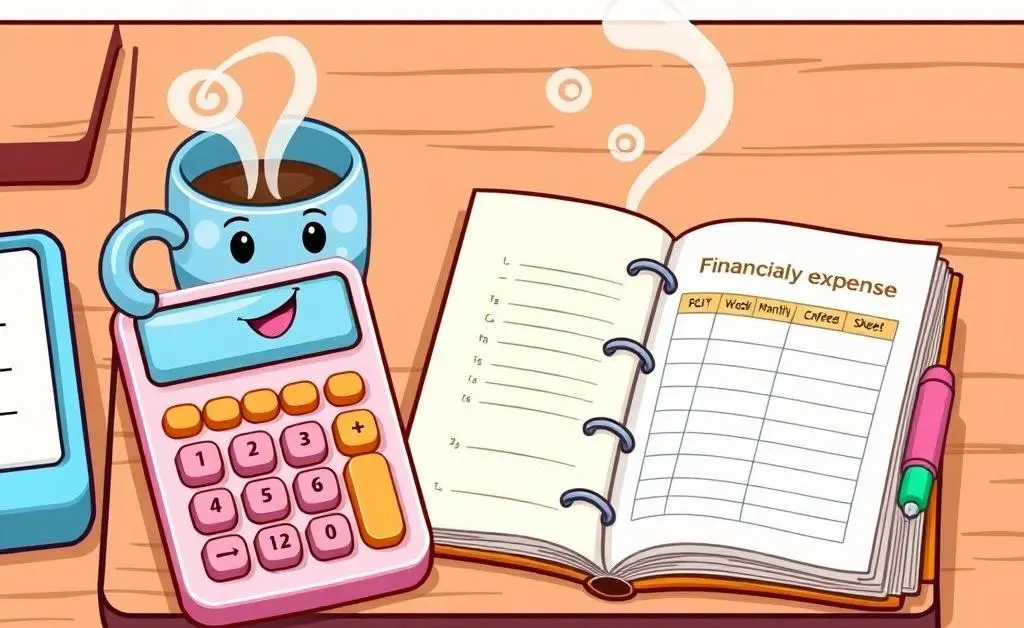 A cartoon-style image of a budgeting toolkit with calculator, planner, and coffee