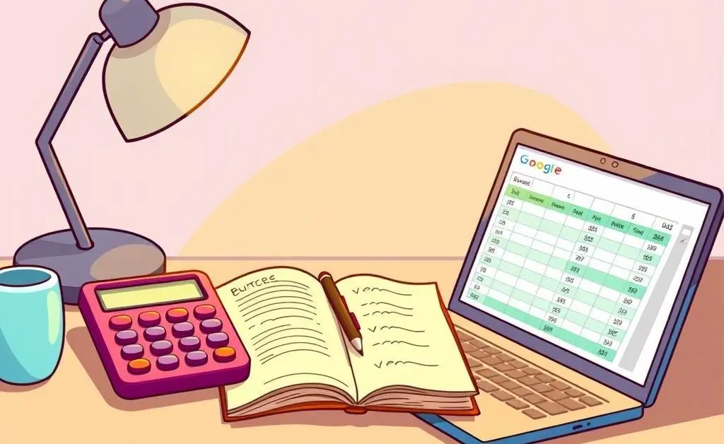A desk with budget tools: journal, calculator, and laptop showing a budget spreadsheet.