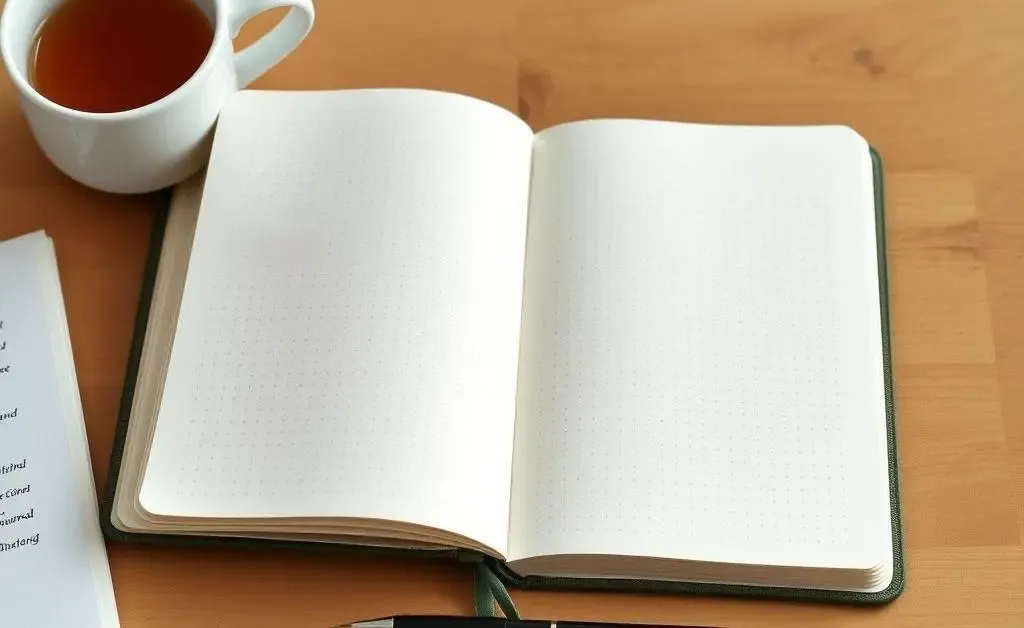 A simple bullet journal open on a wooden table with a cup of tea