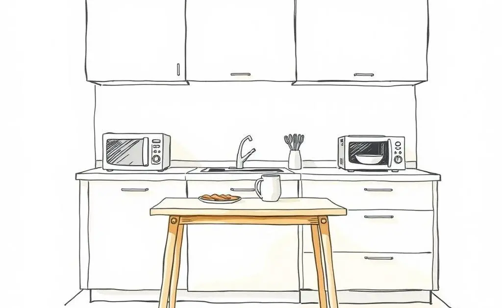 A simple, clean kitchen with a small table and few appliances