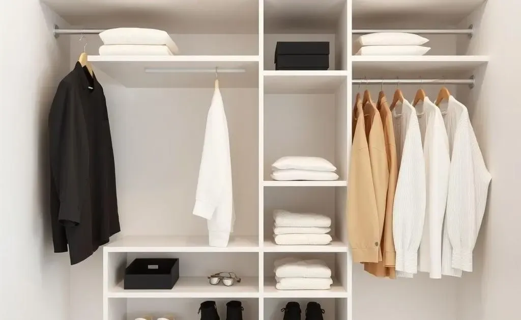 A neatly organized minimalist closet showcasing simplicity