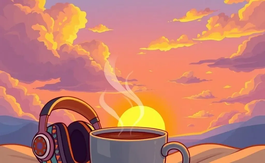 A warm cup of coffee, headphones, and sunrise in the background