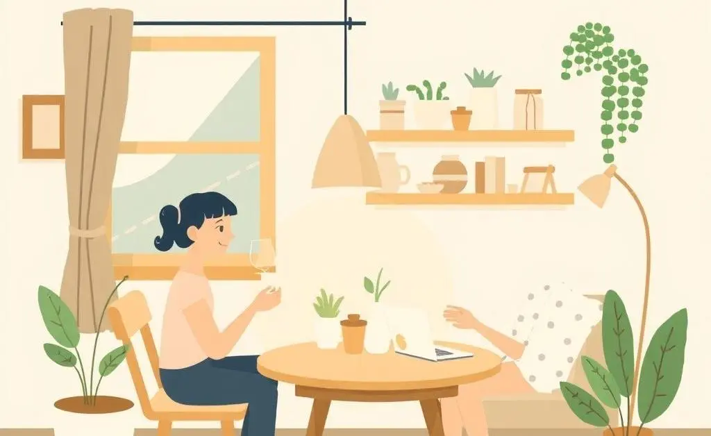 Illustration of a simplified daily life with gentle routines and a warm ambiance