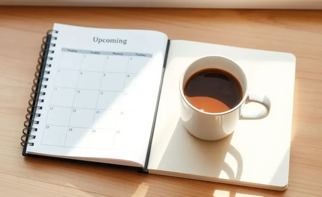 A simple, tidy desk with a day planner and a cup of coffee.