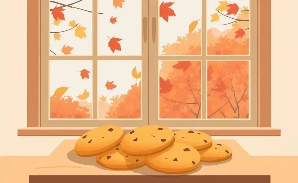 A kitchen table with freshly baked cookies and autumn leaves outside.
