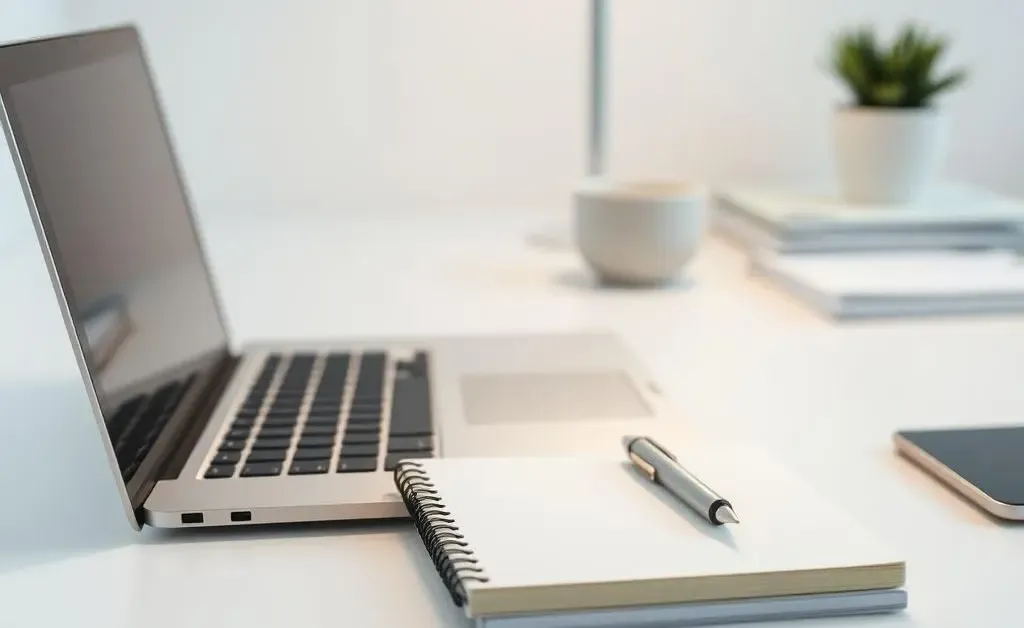 A minimalist desk with a laptop, notepad, and pen, surrounded by a clean and clutter-free environment.