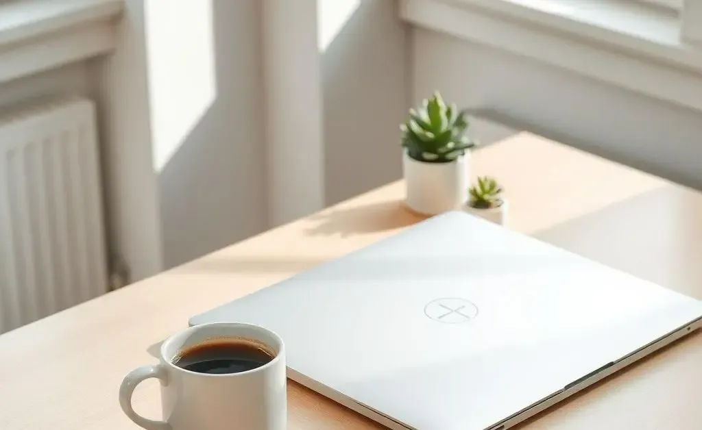 A minimalist desk setup with a laptop, a cup of coffee, and a small plant