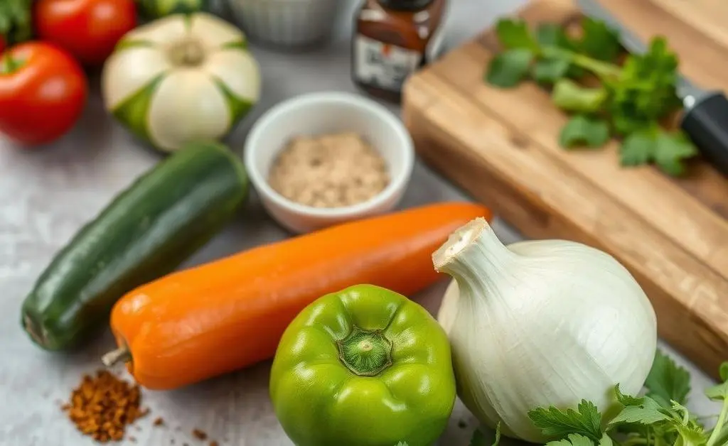 A close-up of a table with fresh vegetables, spices, and a cutting board.