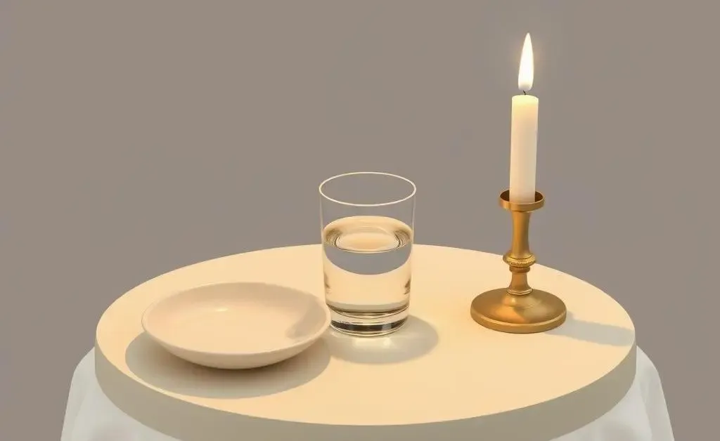 A small table with a single dish, glass of water, and a candle