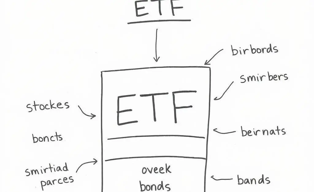 A hand-drawn illustration explaining the basic structure of an ETF with labeled sections like stocks and bonds.