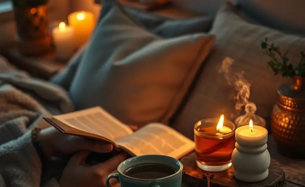 A calm evening routine with candles, a book, and herbal tea