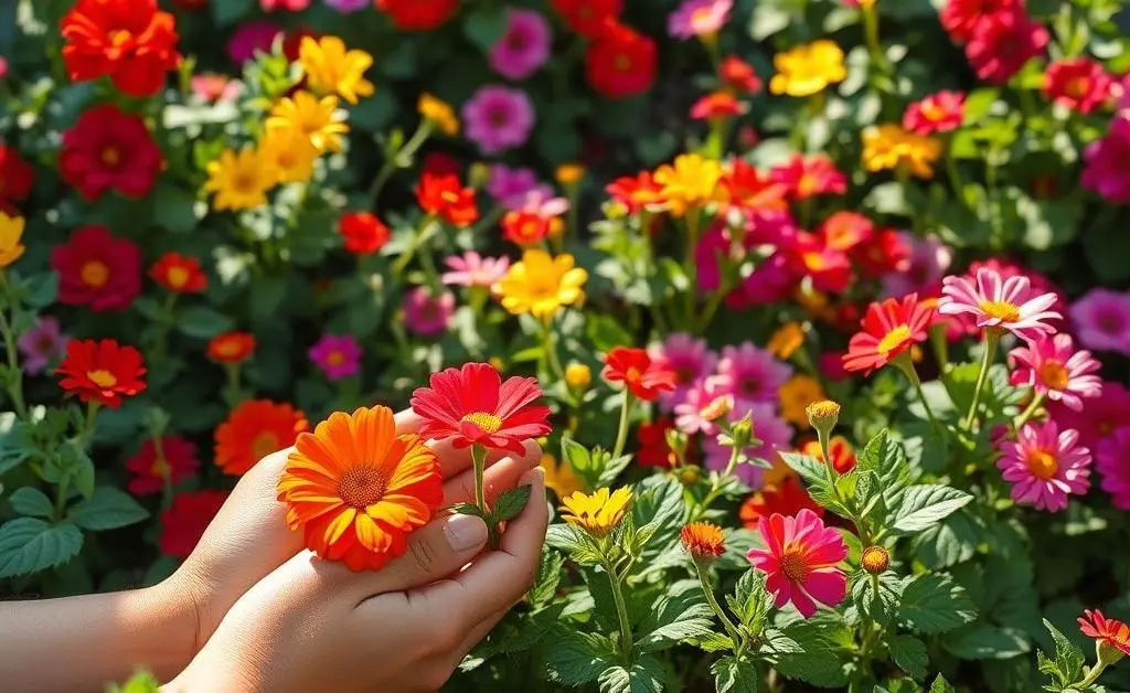 A small, vibrant garden with blooming flowers and a person's hands gently tending plants.
