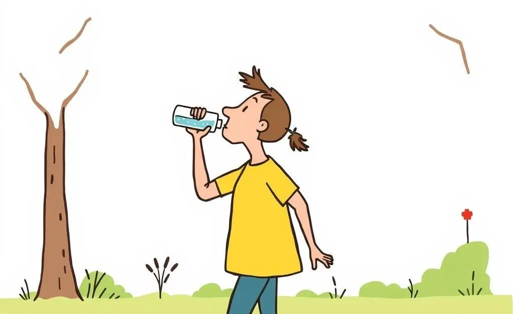 Cartoon person engaged in a sequence of small, healthy tasks throughout the day, like drinking water and walking.