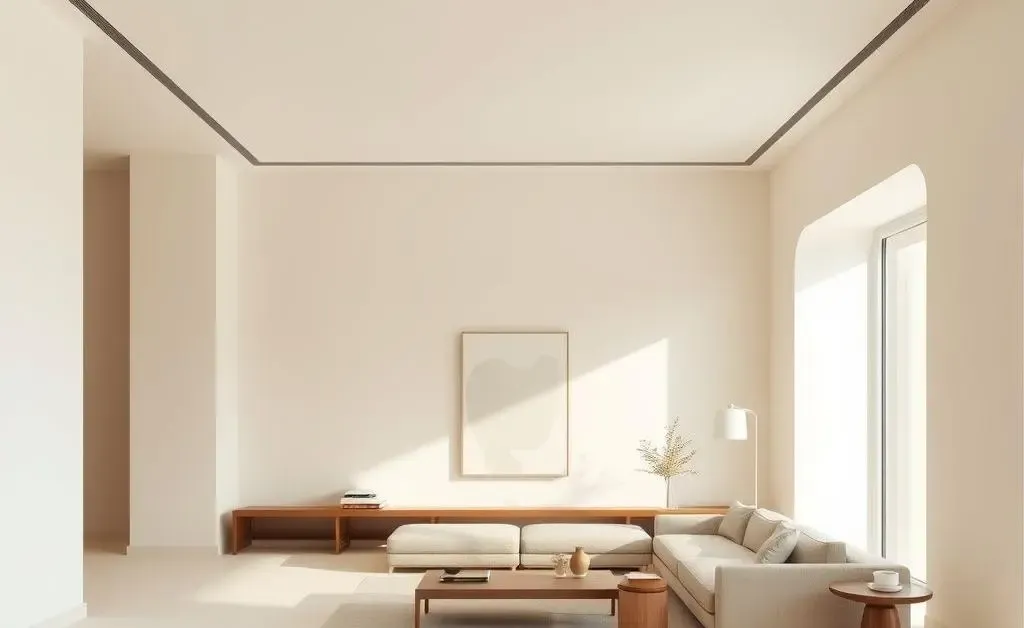 A minimalist room with soft, neutral tones and simple decor.