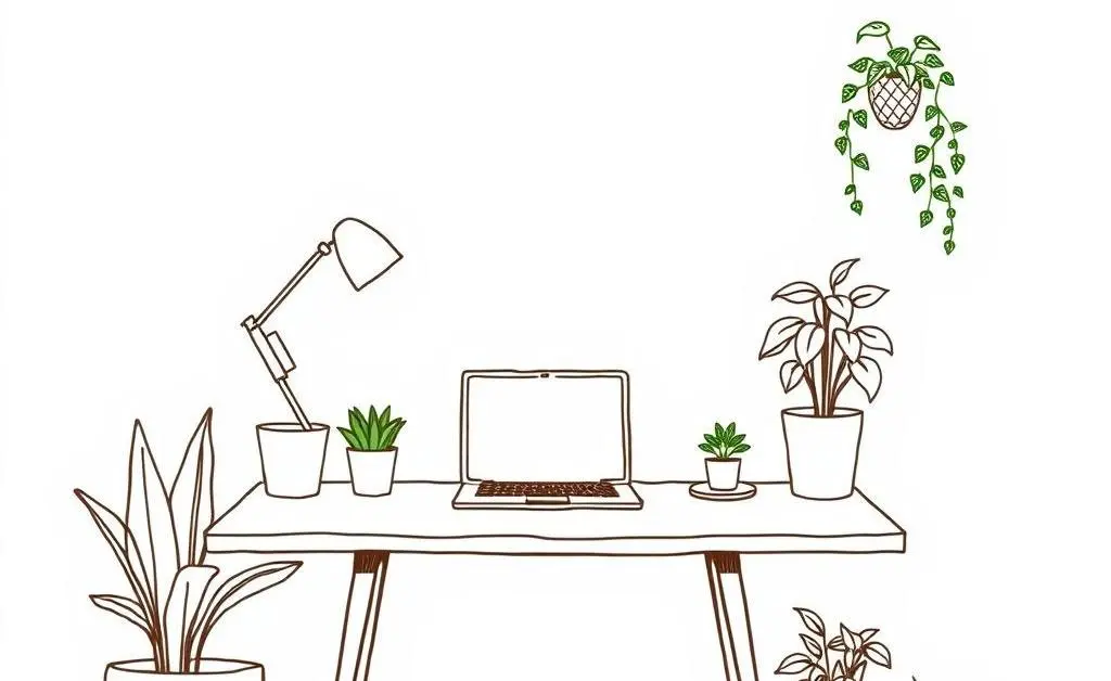 Hand-drawn image of a minimalist home office corner with a laptop and houseplants