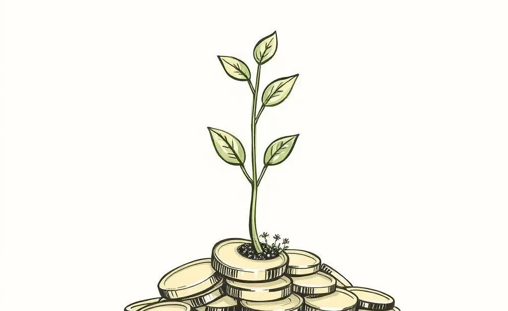 A hand-drawn style image of a simple plant growing from coins.
