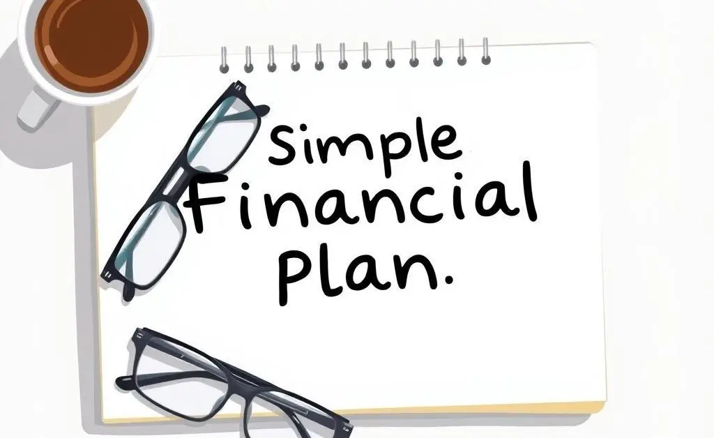 Illustration of a simple financial plan on a notepad, with glasses and a cup of coffee next to it.