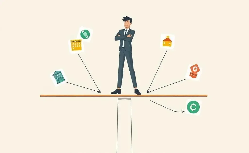 A simple diagram showing an investor balancing on a beam with icons representing diverse investments.