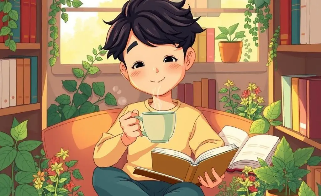 A person sitting with a cup of tea, surrounded by small plants and books.
